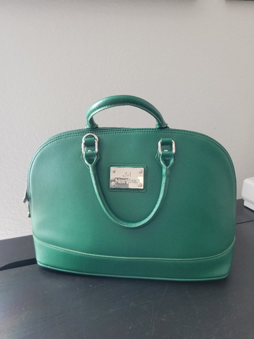 JM New York Green Dome Satchel Handbag Faux Leather Wide Zip Opening